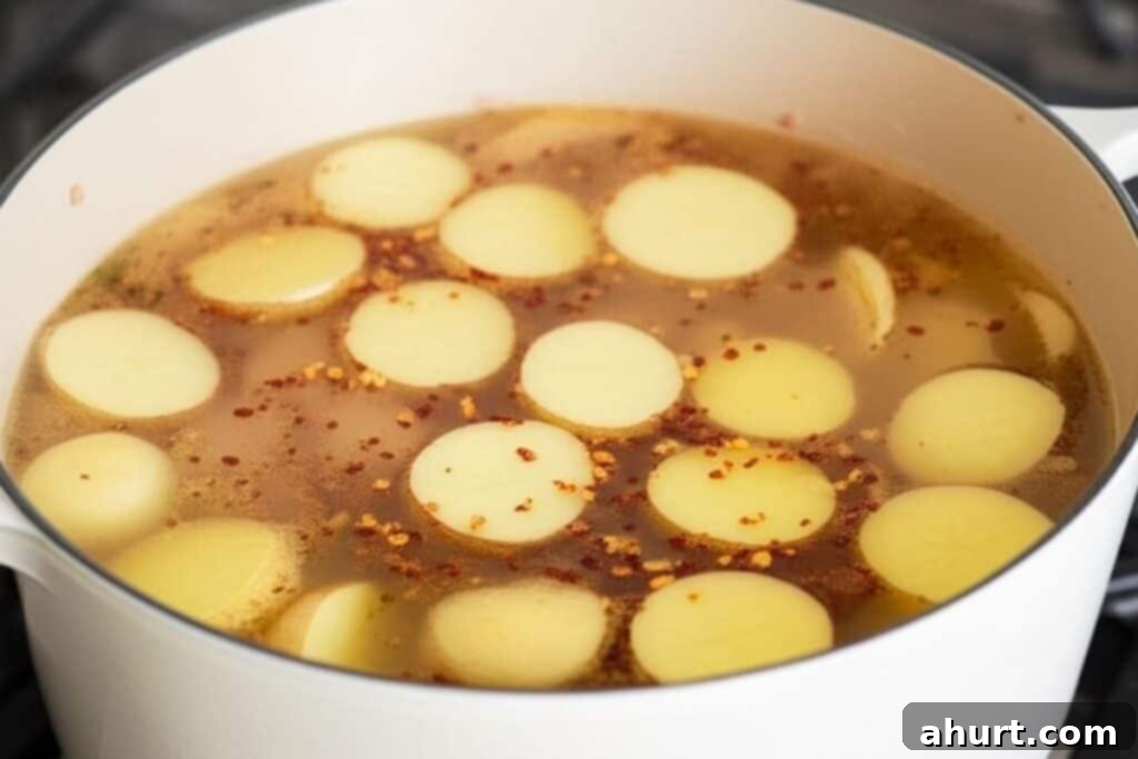 Creamy Tuscan Sausage and Potato Soup 6 Adding broth and potatoes to the pot for Zuppa Toscana.