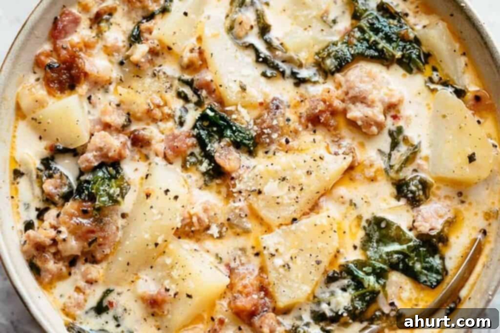Creamy Tuscan Sausage and Potato Soup 7 Finishing Zuppa Toscana with cream, sausage, bacon, and kale.