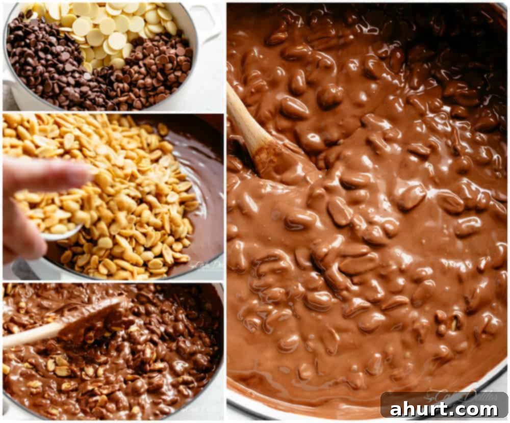 Stove Top Chocolate Peanut Clusters melting in a pot with a handful of ingredients.