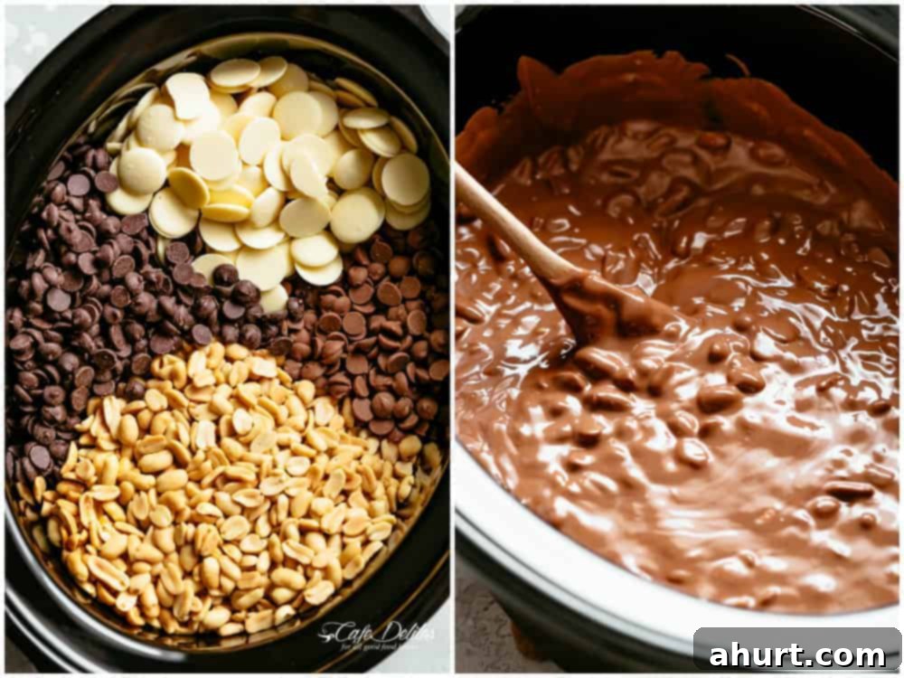Ingredients and process of making Slow Cooker Chocolate Peanut Clusters.