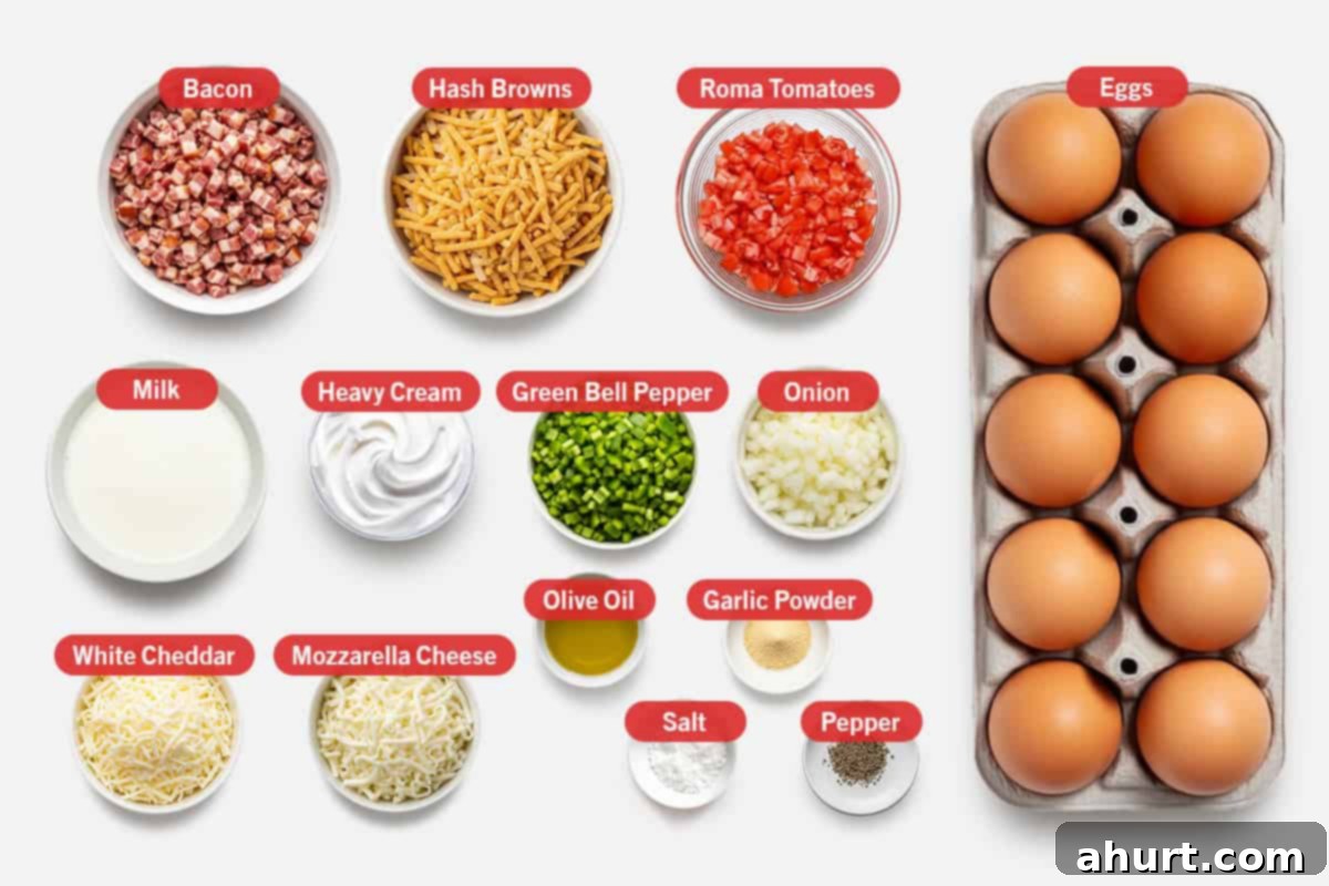 Savory Morning Casserole: Bacon or Sausage Bliss 2 Top shot of ingredients: bacon, hash brown, Roma tomatoes, eggs, milk, heavy cream, green bell pepper, onion, white cheddar, mozzarella cheese, olive oil, salt, garlic powder, and pepper.