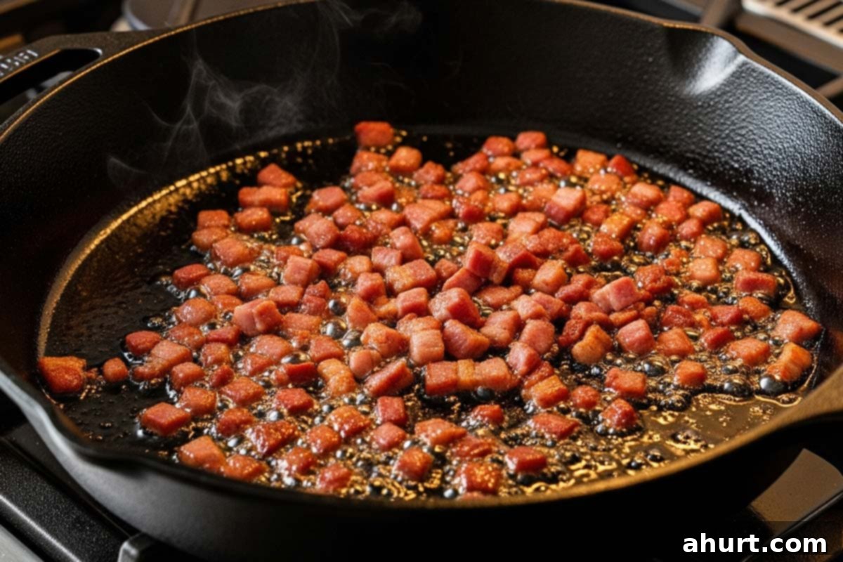Savory Morning Casserole: Bacon or Sausage Bliss 4 Chopped bacon in a large skillet.