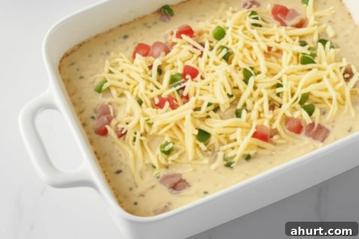 Savory Morning Casserole: Bacon or Sausage Bliss 7 Baking dish with egg mixture and mozzarella on top.