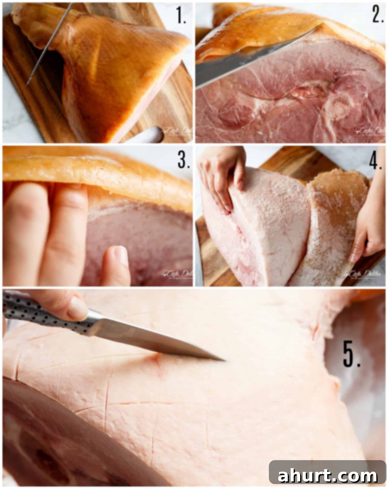 How to cut rind off ham for baked ham recipe | cafedelites.com Steps of Brown Sugar Mustard Glazed