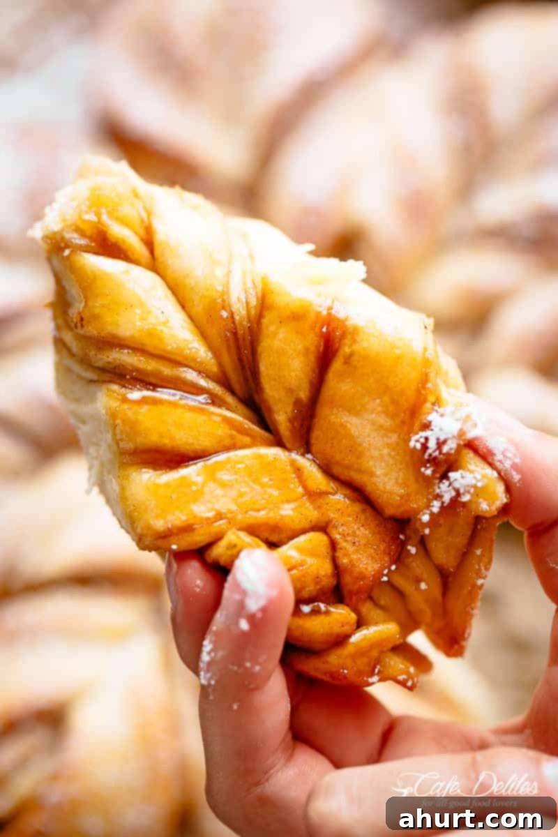 Starry Cinnamon Pull-Apart 3 A piece of Cinnamon Star Bread being held in hand, showing its beautiful layers