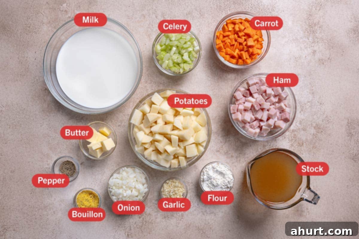 Rich Ham and Potato Chowder 2 Image of the ingredients needed for the Ham And Potato Soup, specifically: milk, celery, carrot, butter, potatoes, ham, pepper, bouillon, onion, garlic, flour, stock.