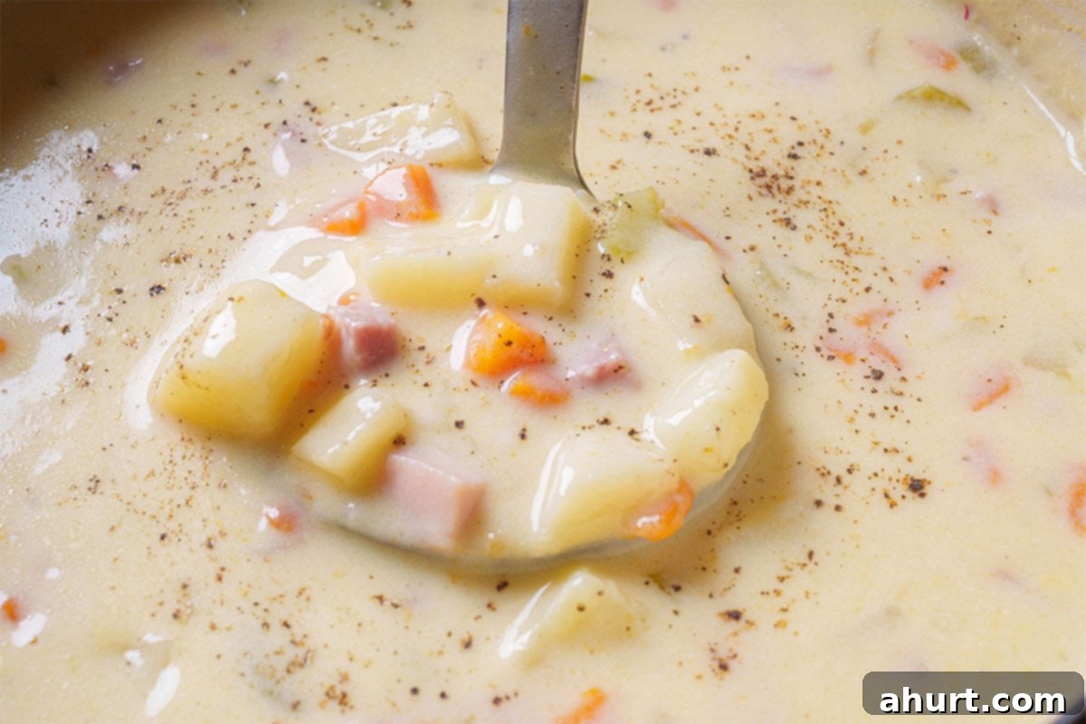 Rich Ham and Potato Chowder 8 Image of the soup being removed from the oven with a spoon, ready to be plated and served.