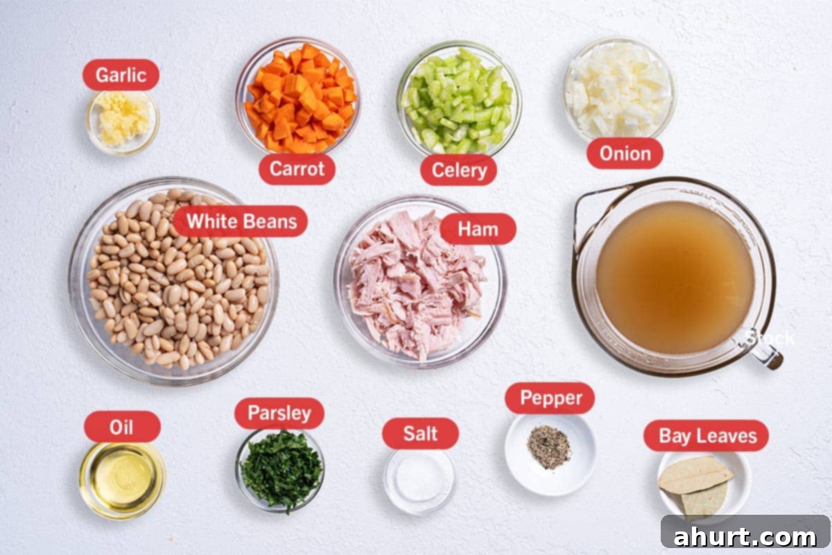 Smoky Ham and White Bean Chowder 3 Image with all the ingredients needed for the preparation of this recipe, specifically: garlic, carrot, celery, onion, white beans, ham, chicken broth, oil, parsley, salt, pepper, bay leaves.