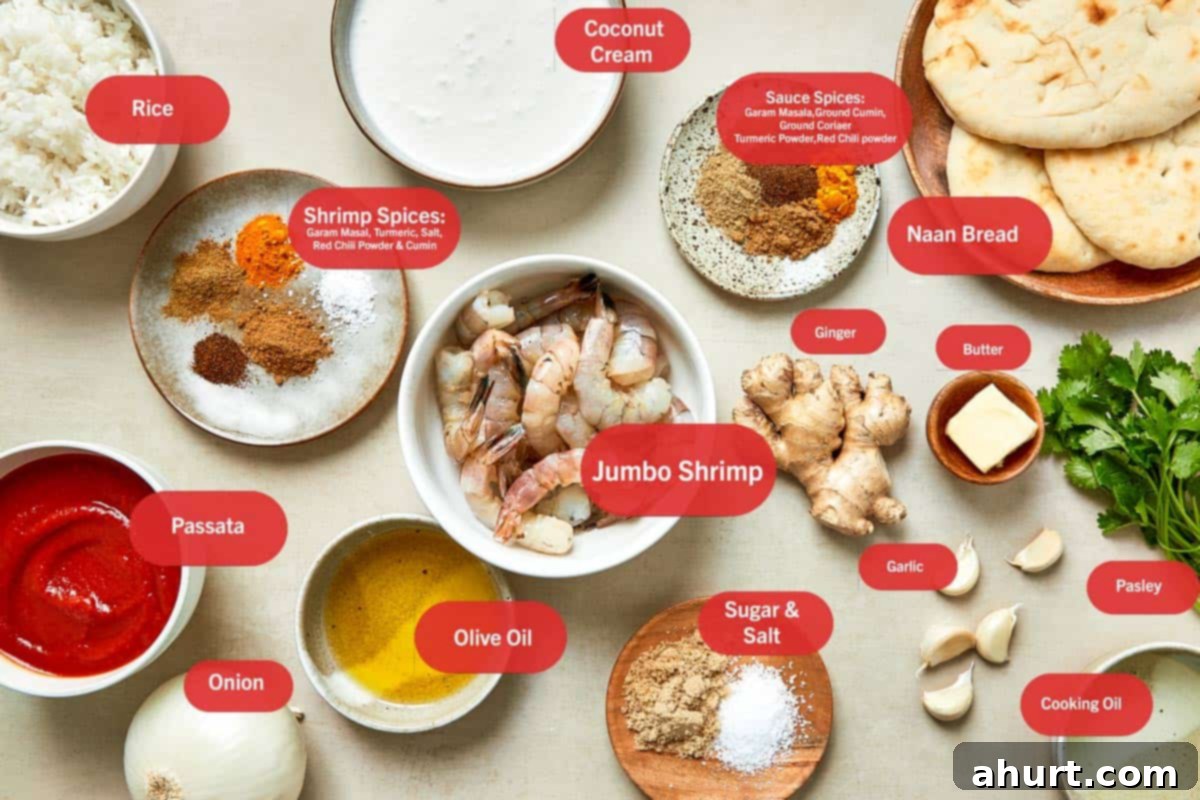 Easy Creamy Coconut Shrimp Curry 3 Flatlay image of labeled ingredients for Coconut Shrimp, each in individual ceramic bowls on a dark brown surface.