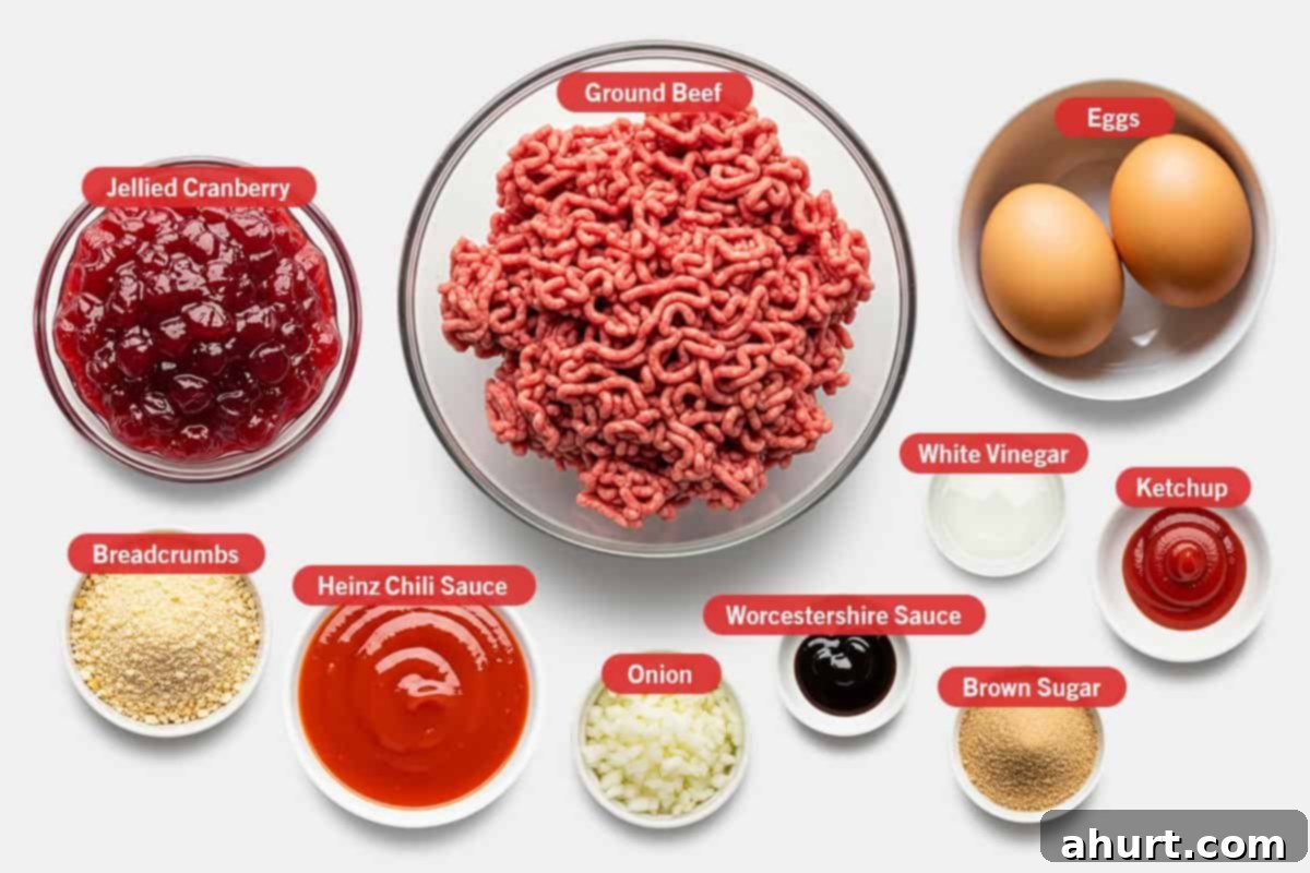 Tangy Glazed Party Meatballs 2 Top shot of ingredients: Jellied cranberry, ground beef, eggs, breadcrumbs, Heinz chili sauce, onion, Worcestershire sauce, wh8ite vinegar, brown sugar, and ketchup.