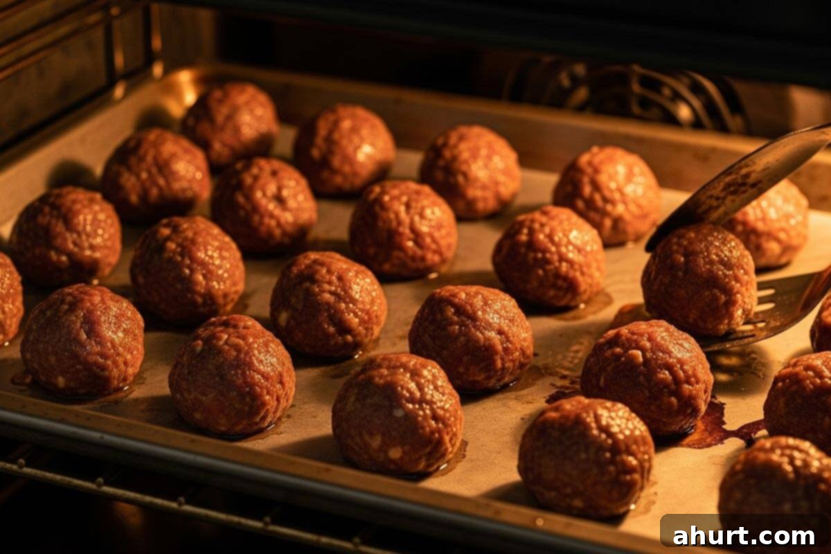 Tangy Glazed Party Meatballs 6 Meatballs inside the oven.