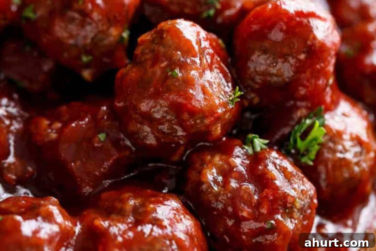 Tangy Glazed Party Meatballs 8 Close-up shot of Cocktail Meatballs (Sweet and Sour Sauce).