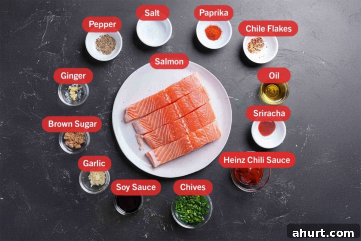 Spicy Firecracker Salmon 2 Image of the ingredients needed for the preparation of the recipe, specifically: salmon fillets, paprika, red chili flakes, olive oil, sriracha, Heinz chili sauce, fresh chives, low-sodium soy sauce, minced garlic, brown sugar, grated ginger, black pepper, and salt.