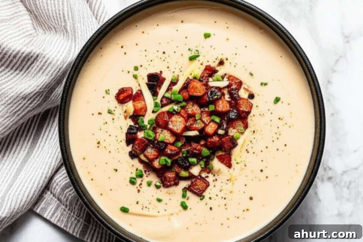 Creamy Cauliflower Comfort 10 Cauliflower Soup in a bowl topped with crispy bacon, shredded cheese, and a sprinkle of chives.