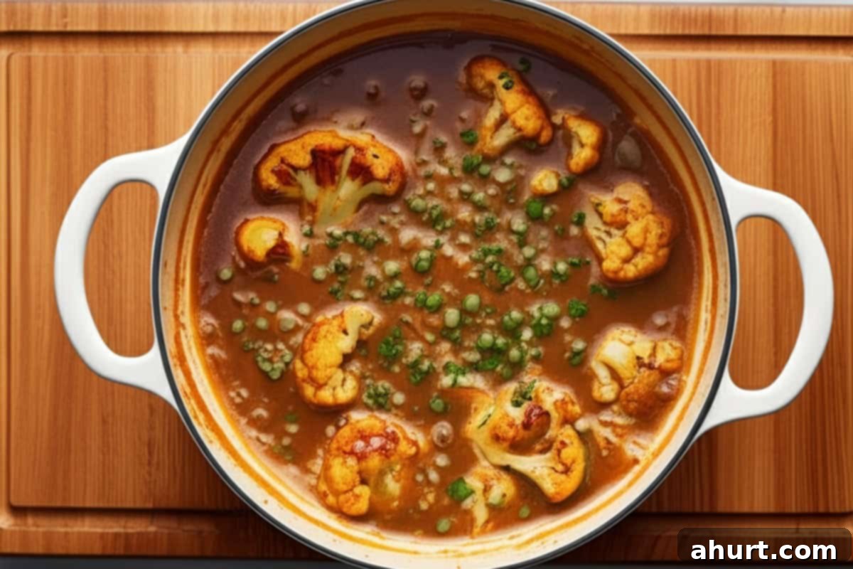 Creamy Cauliflower Comfort 8 Pot with soup on a wooden board.