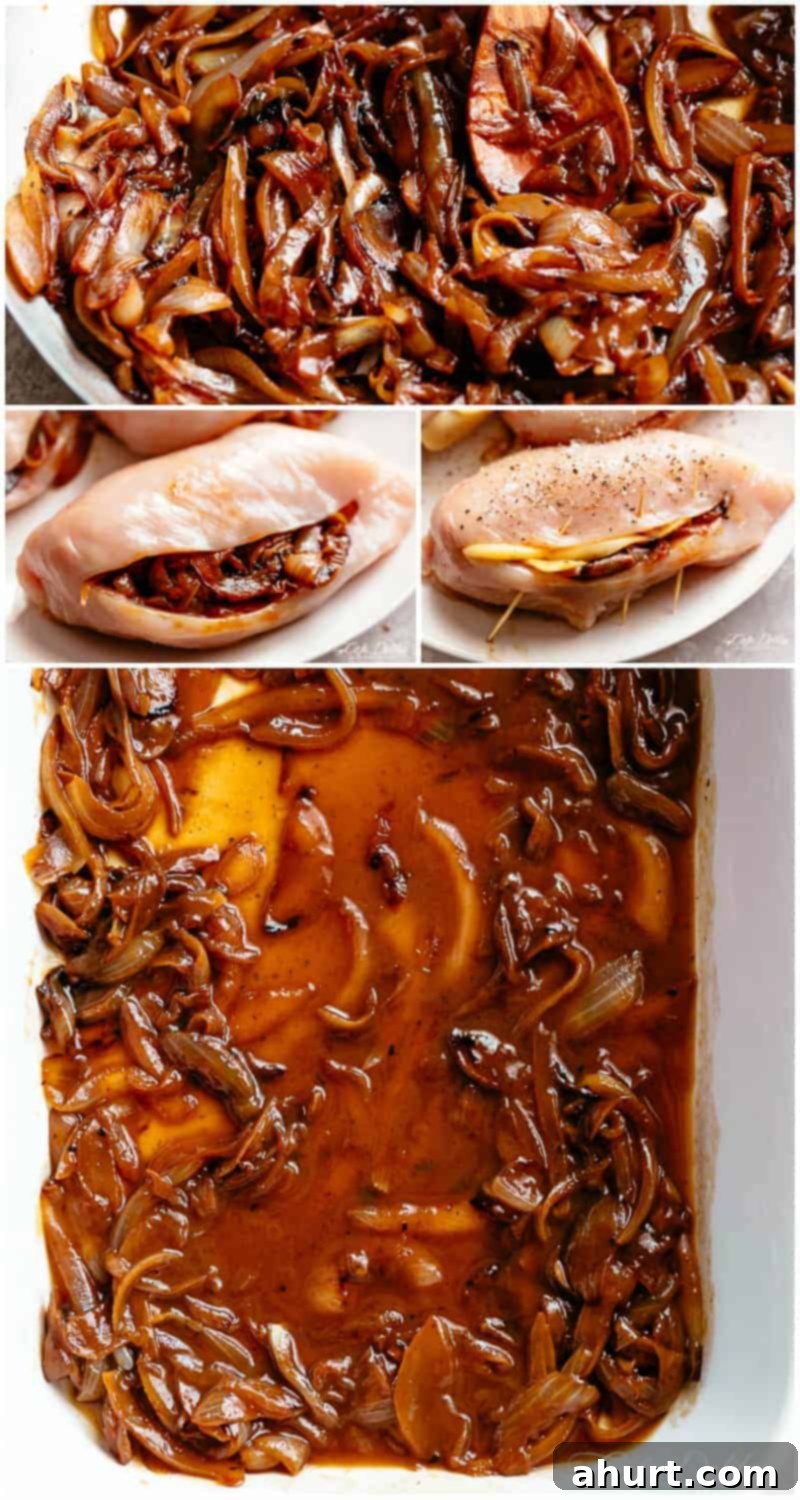 How to make French onion stuffed chicken breasts #cafedelites #chicken #chickenbreast Steps images showing how to prepare French onion chicken, from stuffing to searing