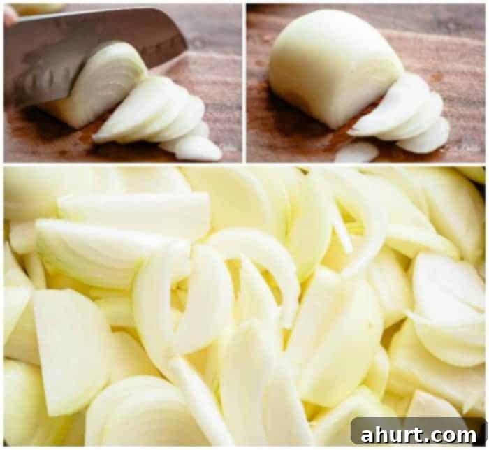Step by step image of How to cut onions for French onion soup