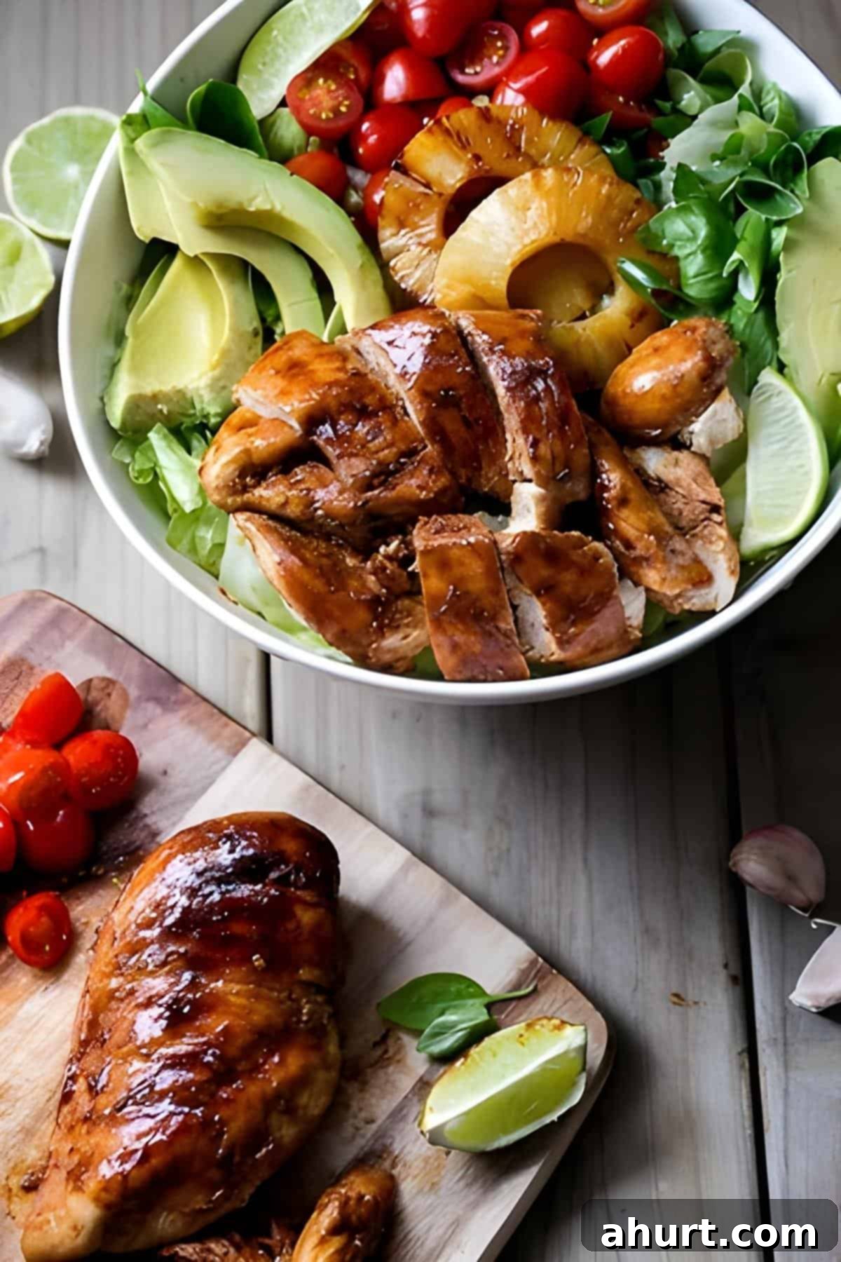 Zesty Garlic-Lime Grilled Chicken Salad 2 Top side view image of Lime and Garlic Barbecue Chicken Salad in a bowl