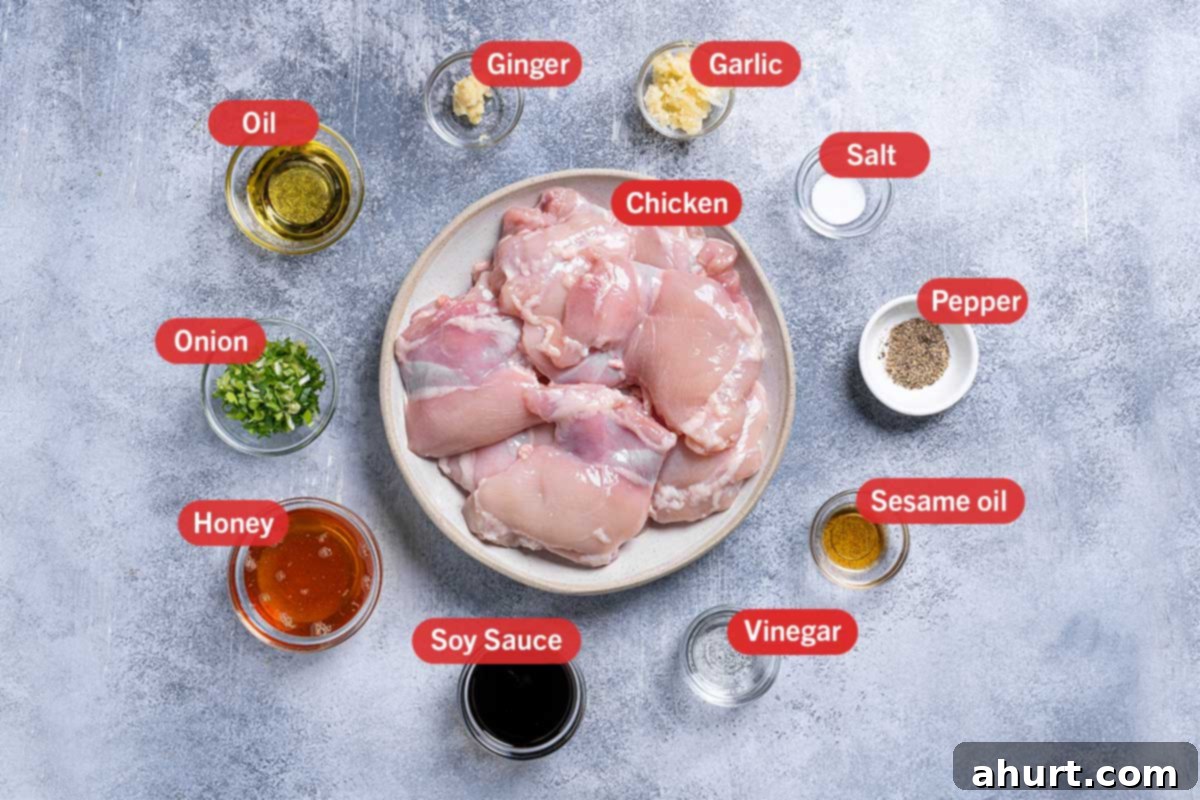 Honey Soy Glazed Chicken Thighs 3 Image of the ingredients needed for the preparation of the honey soy chicken, specifically: chicken, ginger, garlic, salt, pepper, sesame oil, vinegar, soy sauce, honey, onion, oil.