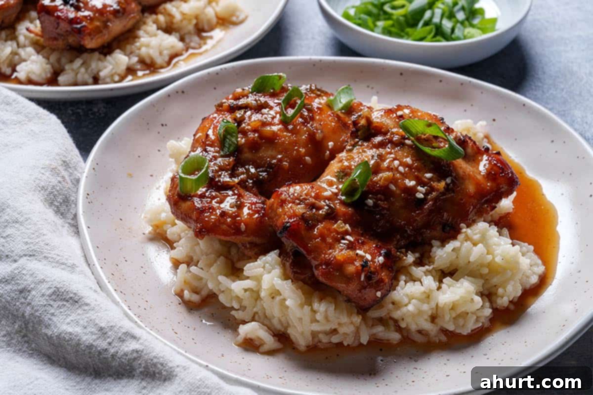 Honey Soy Glazed Chicken Thighs 9 Image of the plated chicken thighs served over a bed of rice.