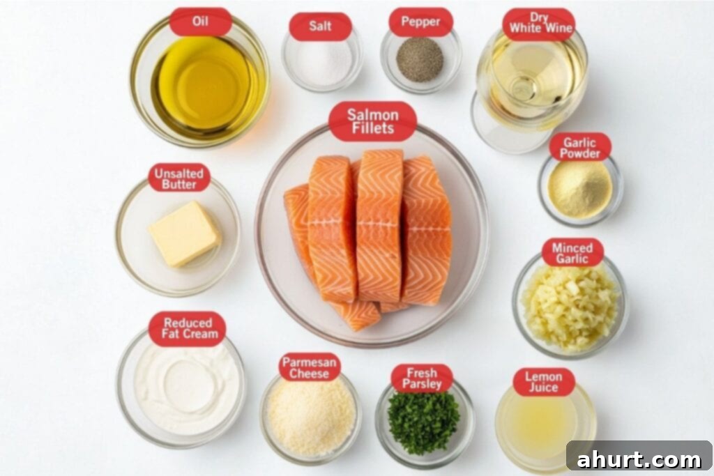 Decadent Garlic Butter Salmon 3 Flatlay image of ingredients for Garlic Butter Salmon, each in a separate glass bowl arranged around a central bowl of raw salmon fillets. Ingredients include olive oil, salt, black pepper, dry white wine, garlic powder, minced garlic, lemon juice, fresh chopped parsley, grated parmesan cheese, reduced fat cream, unsalted butter, and salmon fillets.