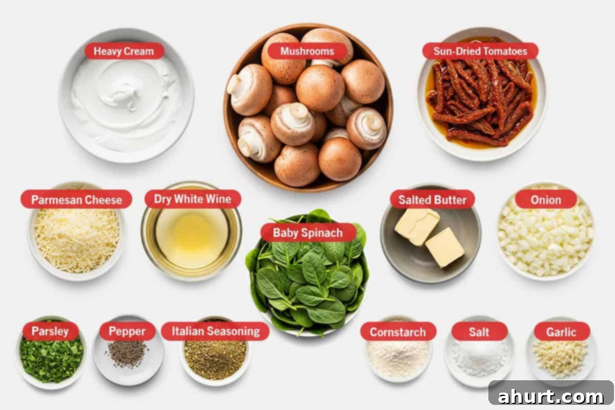 Velvety Garlic Butter Mushrooms 3 Top shot of ingredients: Heavy cream, mushrooms, sun-dried tomatoes, parmesan cheese, dry white wine, baby spinach, unsalted butter, onion, parsley, pepper, Italian seasoning, cornstarch, salt, and garlic.