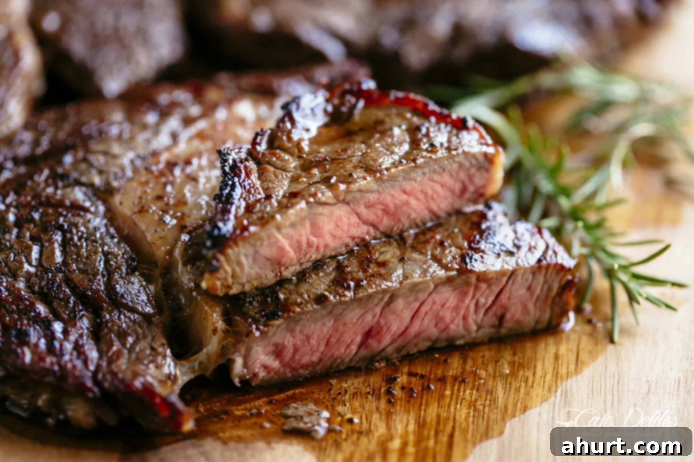 Side view of a perfectly sliced, medium-rare steak on a rustic wood chopping board, garnished with a sprig of rosemary, highlighting its juicy interior.