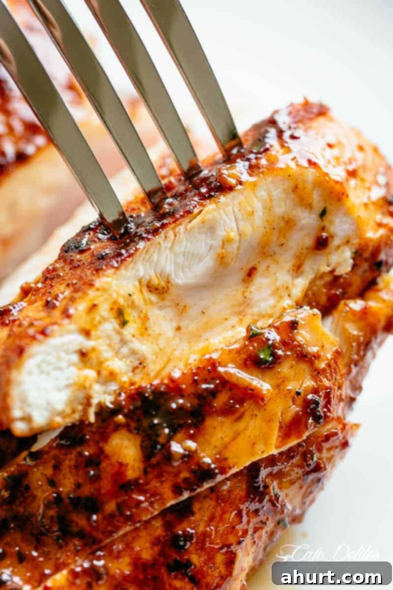 Effortless Buttery Cajun Chicken Breasts 4 Fork pierced into a piece of Cajun Butter Chicken Breast