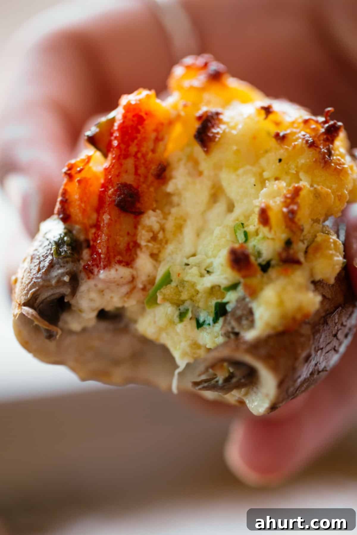 A delicious bite of a creamy stuffed mushroom | cafedelites.com A creamy crab stuffed mushroom with a bite taken out, showing the rich filling.