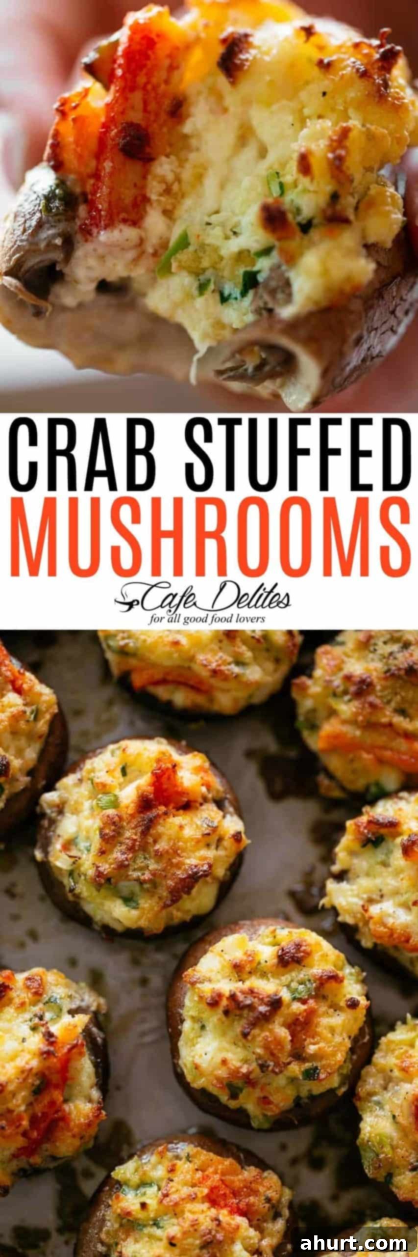 Savory Crab Stuffed Mushrooms 3 Crab Dip Stuffed Mushrooms, perfectly baked and ready to pin on Pinterest.