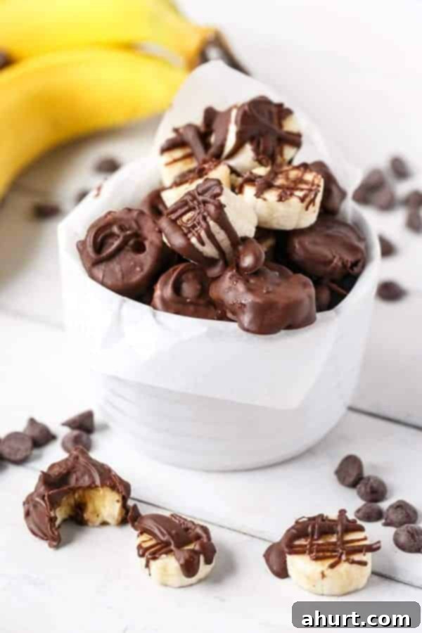 Chocolate-Dipped Banana Heaven 2 Chocolate Covered Bananas in a bowl, showcasing their delicious coating and ready-to-eat appeal.