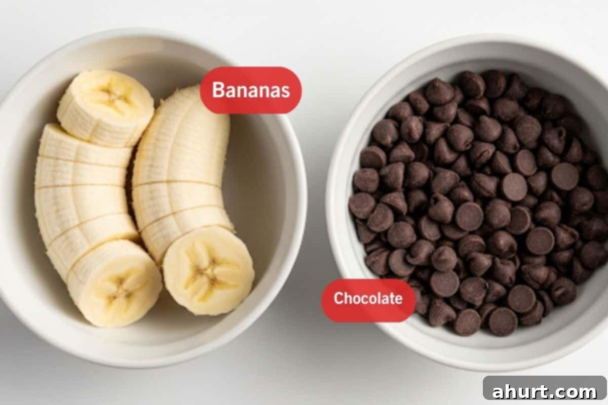 Chocolate-Dipped Banana Heaven 3 Flat lay photo of ingredients: sliced bananas, various types of chocolate, and optional toppings.