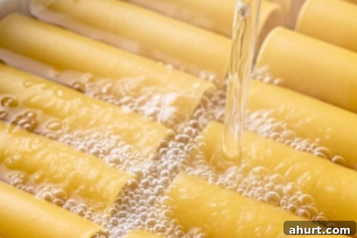 Baked Spinach Manicotti 4 Manicotti shells being covered with boiling salted water in a shallow dish to soften.