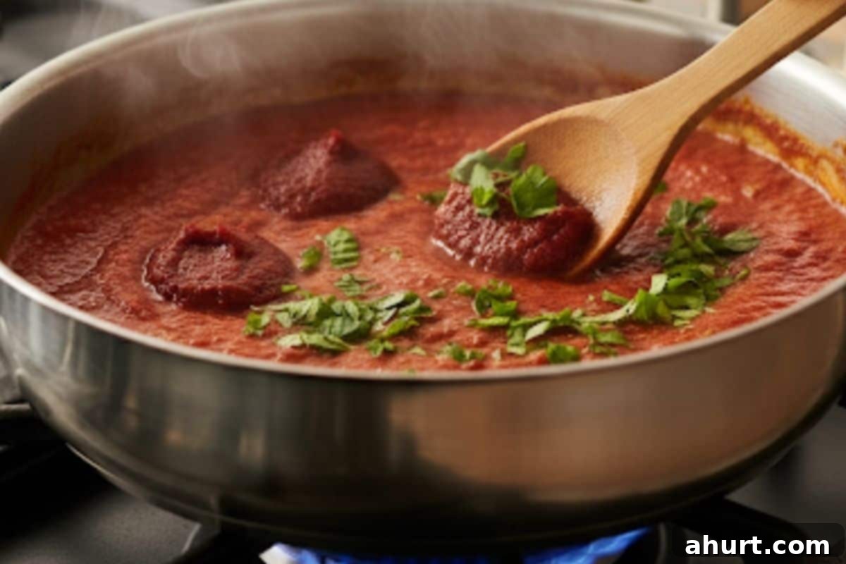Baked Spinach Manicotti 6 Adding passata, water, tomato paste, basil, and parsley to sautéed aromatics in a saucepan, then simmering the marinara.