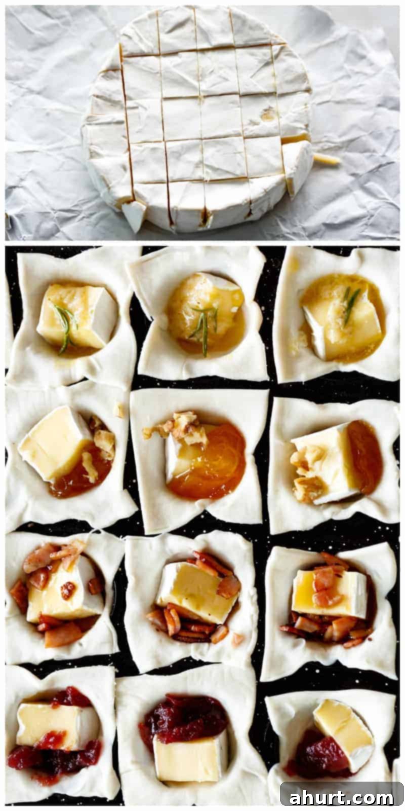 Irresistible Baked Brie Sampler 3 Collage of a large wheel of cheese cut cleanly into even squares and a muffin tin filled with uncooked, savory pastries in a muffin tin.