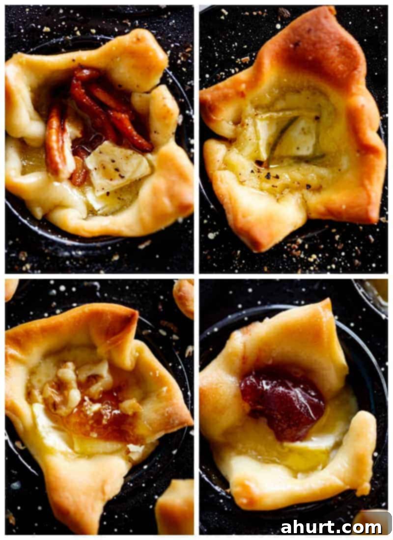Irresistible Baked Brie Sampler 4 Collage of the four different flavored cheeses pastries.