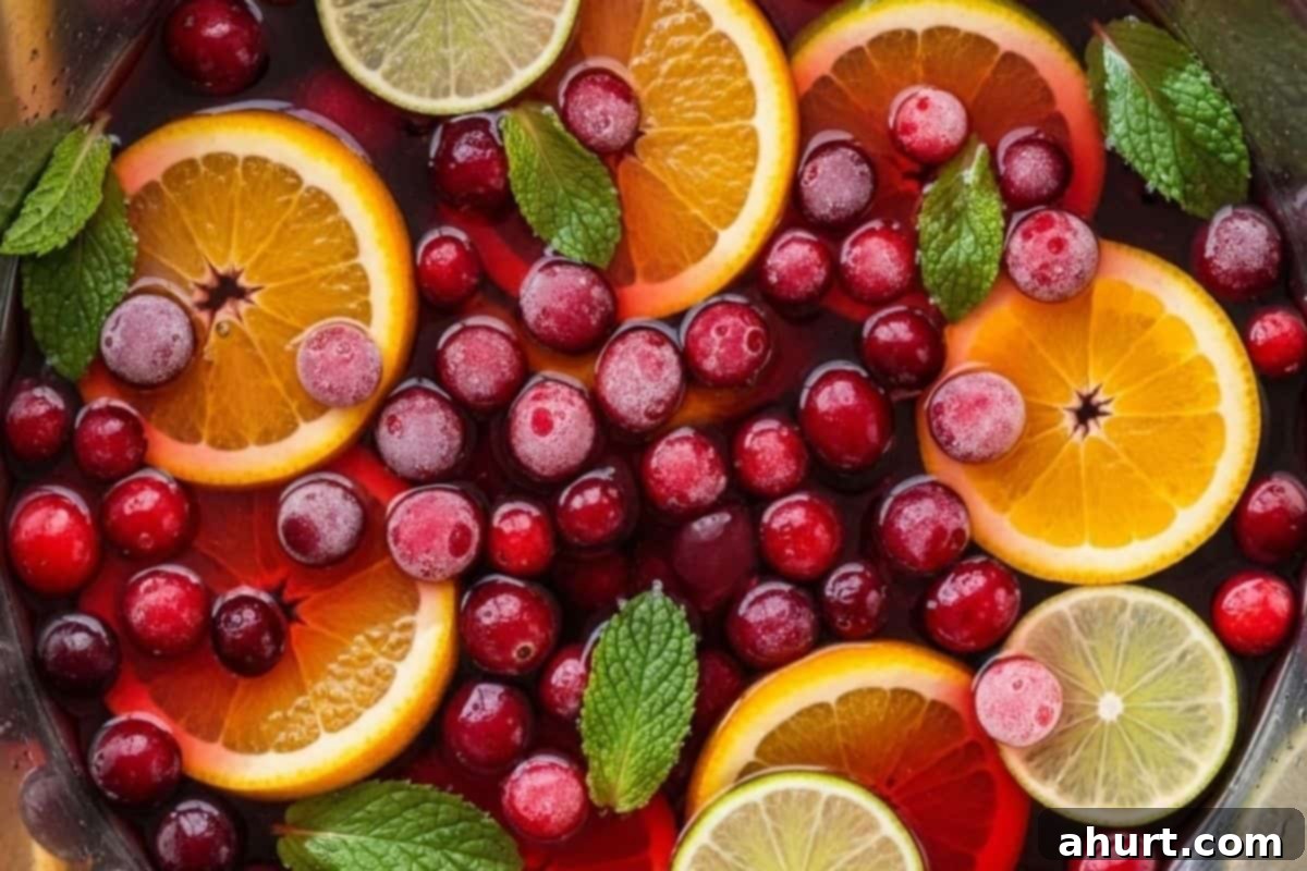Festive Holiday Punch 5 Adding frozen cranberries, orange slices, lime slices, and fresh mint to the mixed Holiday Punch