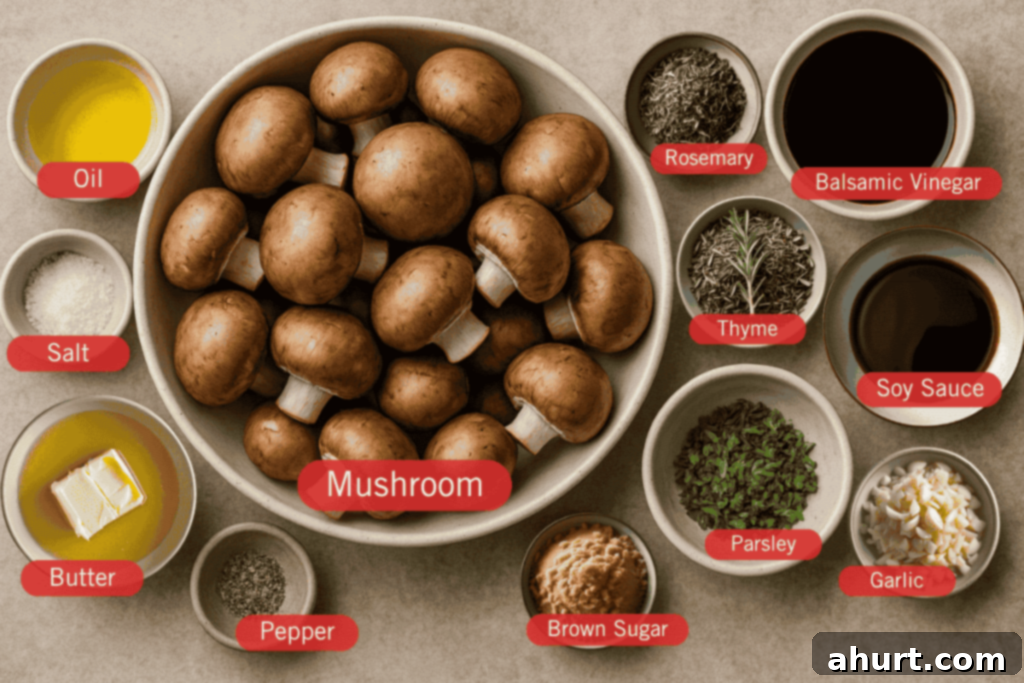 Balsamic Soy Glazed Roasted Mushrooms 3 Labeled overhead flatlay photo of ingredients in bowls for roasted mushrooms. Center is a large bowl of whole brown mushrooms. Surrounding bowls contain oil, salt, butter, pepper, brown sugar, parsley, garlic, soy sauce, balsamic vinegar, thyme, and rosemary.