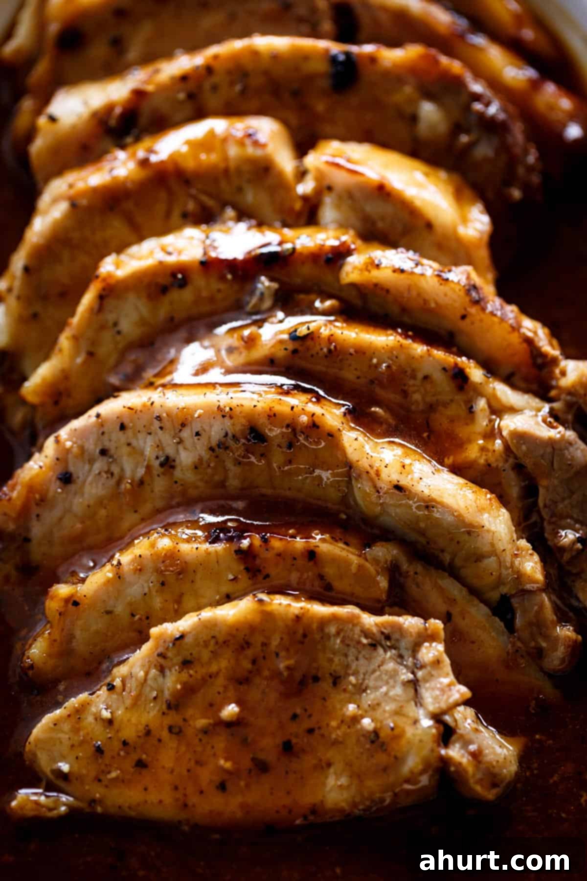 Tender & Juicy Oven-Roasted Pork Loin 11 Sliced roast pork loin served on a platter, generously soaked in a rich, golden-brown sauce.