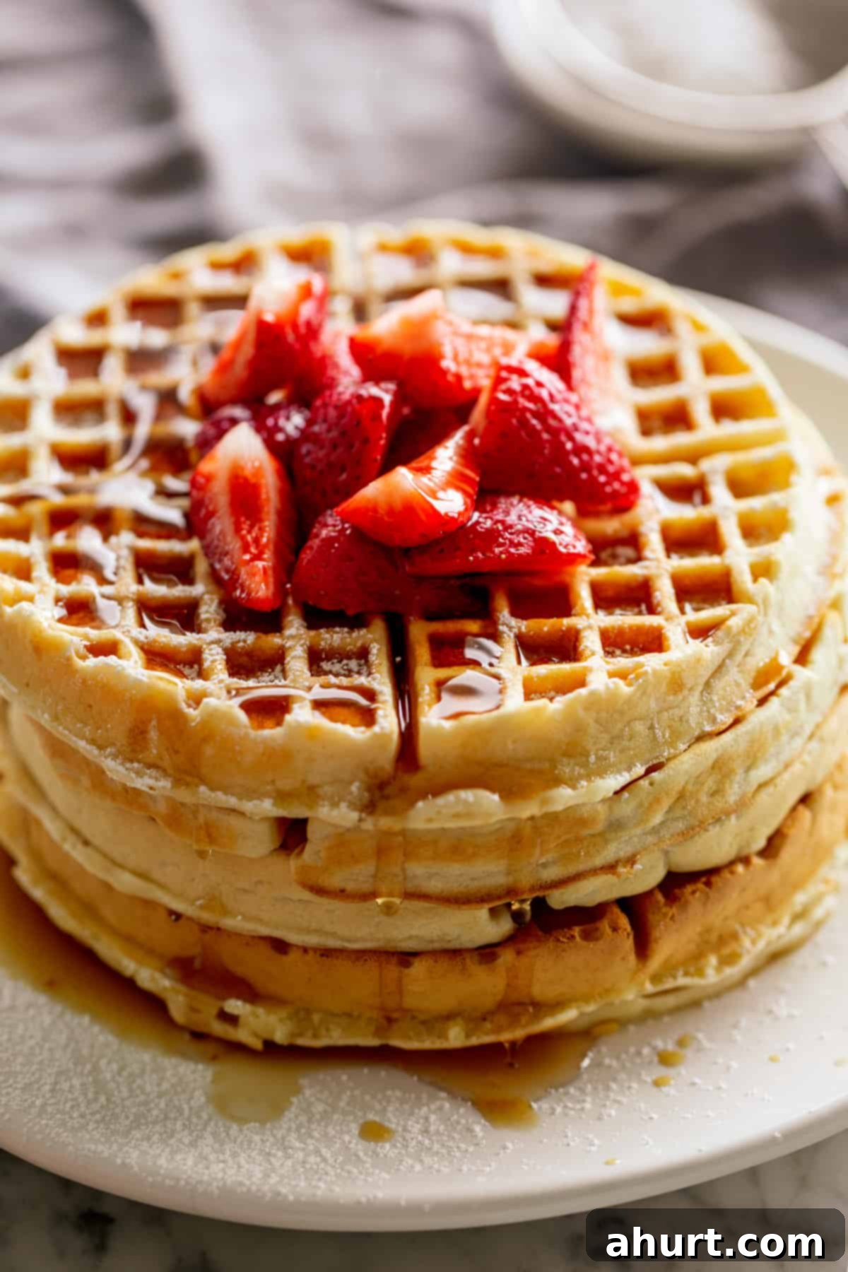 Perfect Homemade Belgian Waffles 2 Belgium Waffles with some fresh sliced strawberries on top