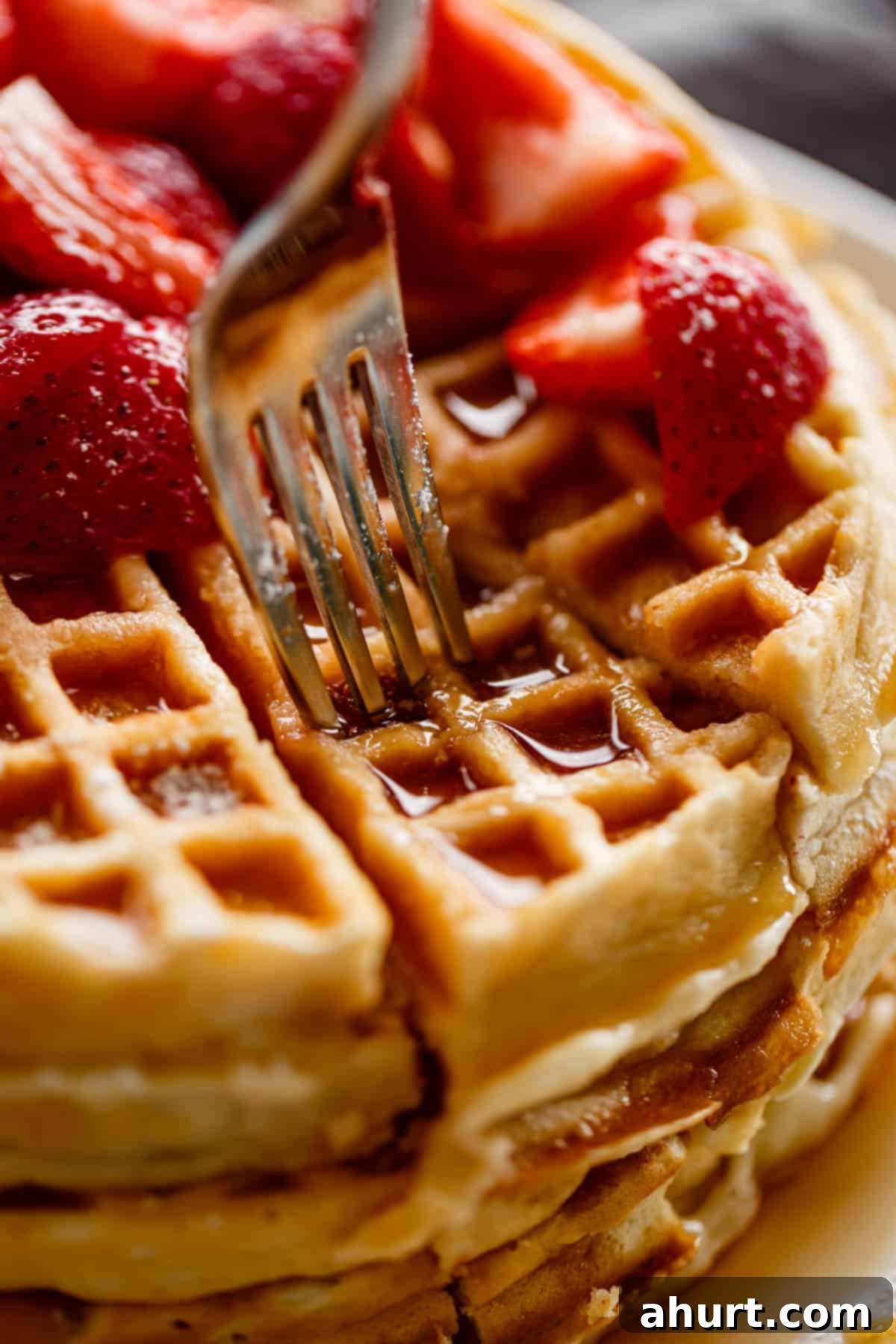 Homemade Belgian Waffles recipe fluffy waffles! | #belgiumwaffles #breakfast #easy #recipe Close up image of fork piercing a stack of waffles, drenched in maple syrup and covered with chopped strawberries.