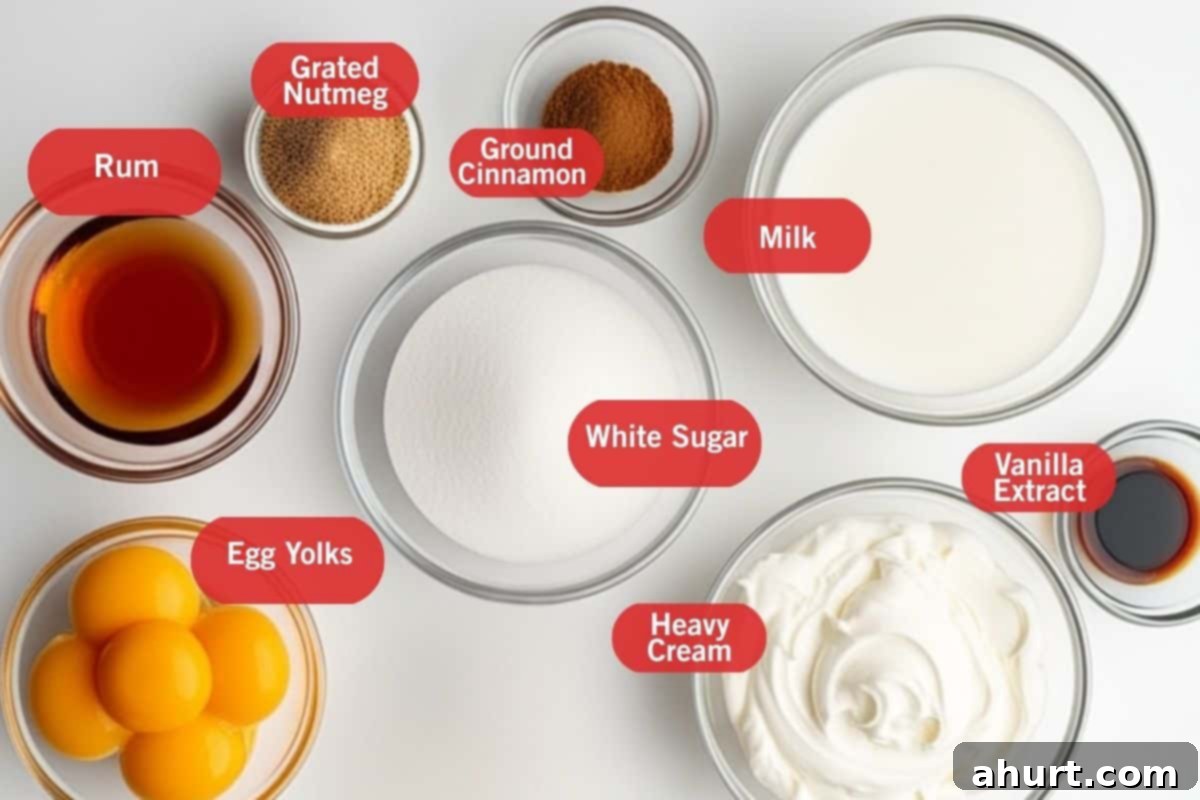 Best Creamy Eggnog Recipe 2 flat lay photo of rum, fresh grated nutmeg, ground cinnamon, milk, 5 egg yolks, white sugar, heavy cream and vanilla extract for making creamy eggnog