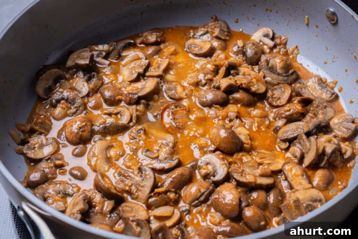 Chicken Stroganoff 6 mushrooms and seasonings with stock and wine in a pan
