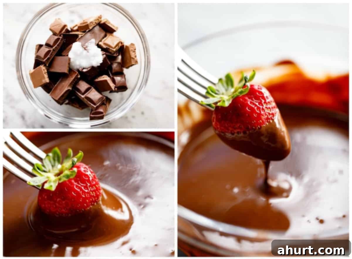 Chocolate-Dipped Strawberries 2 A collage demonstrating how to dip strawberries in chocolate.