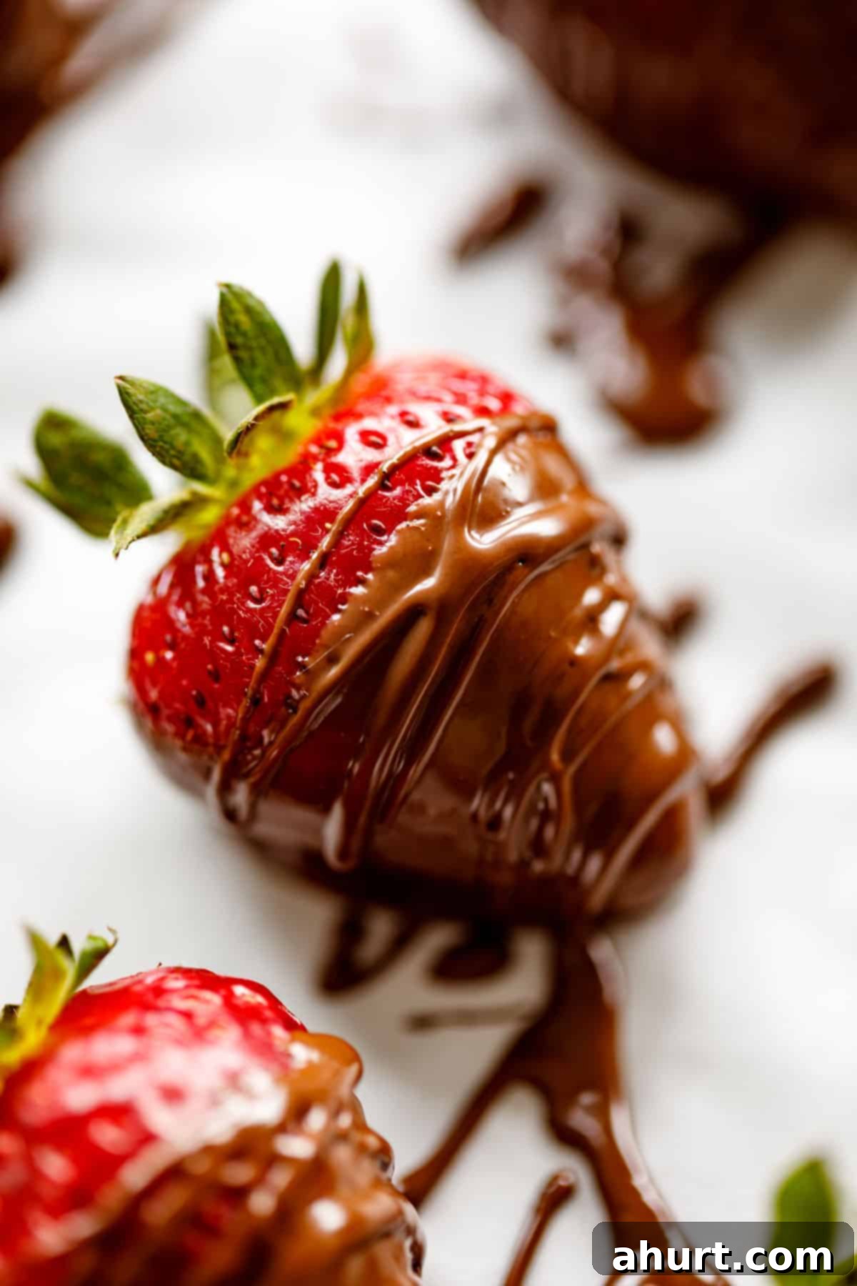 Chocolate-Dipped Strawberries 4 Close up of a single chocolate dipped strawberry with extra chocolate drizzle looks amazing.