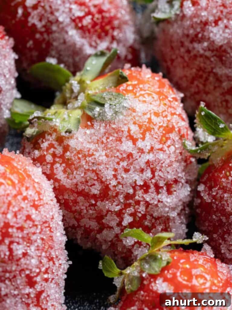 strawberry recipe #drunkenstrawberries #strawberry Beautiful alcohol infused strawberry coated in granulated sugar, ready to be served as an elegant dessert.