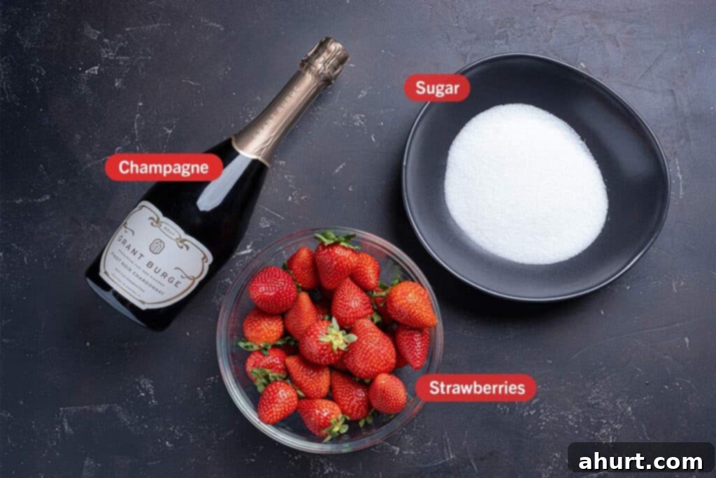 Decadent Champagne Strawberries Infused With Your Favorite Spirit 2 Image of the key ingredients needed for preparing champagne strawberries: a bottle of champagne, fresh strawberries, and granulated sugar.