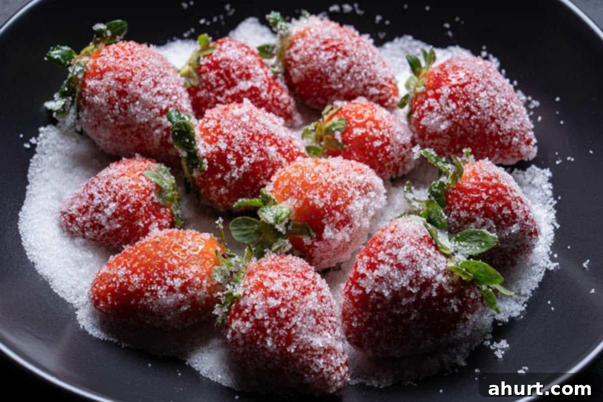 Decadent Champagne Strawberries Infused With Your Favorite Spirit 6 Drained and slightly moist strawberries being generously coated in sparkling granulated sugar on a flat surface.