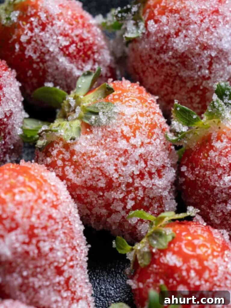 Decadent Champagne Strawberries Infused With Your Favorite Spirit 7 Close-up of a beautiful alcohol infused strawberry, perfectly coated in sparkling granulated sugar and ready to be enjoyed.