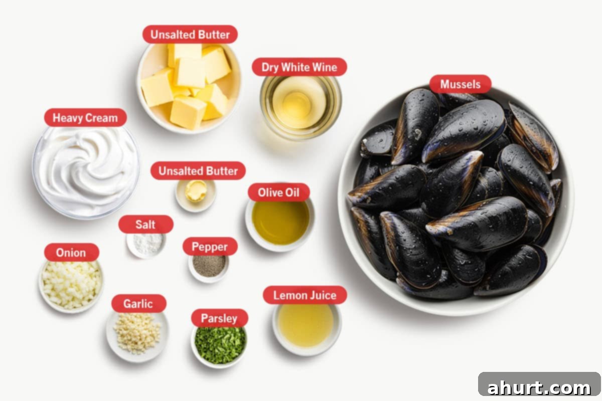 Moules Marinières French Bistro Classic 3 Top shot of ingredients: Mussels, dry white wine, garlic, onion, unsalted butter, heavy cream, olive oil, salt, pepper, parsley and lemon juice.